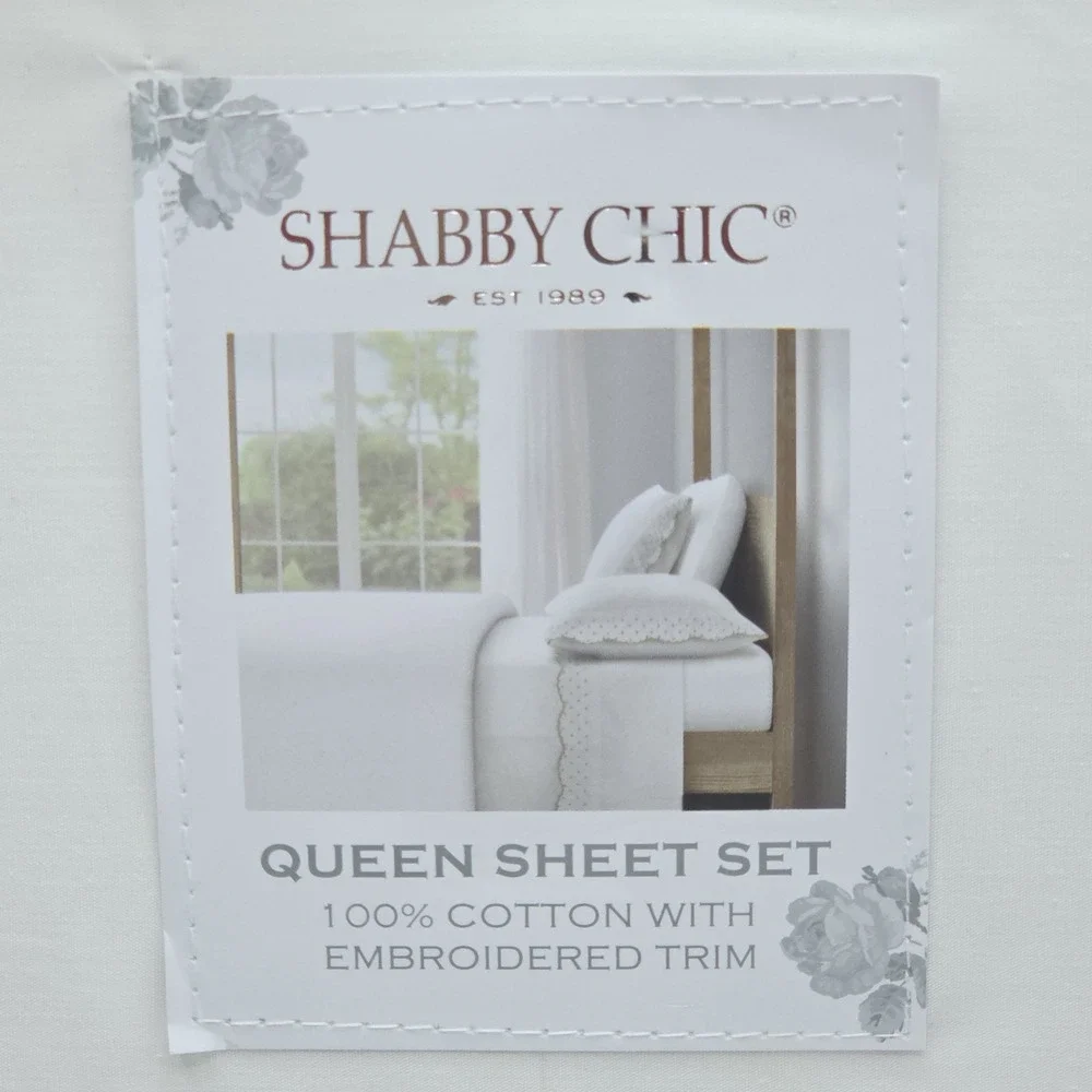 Shabby Chic 4pc White Cotton Queen Sheet Set Embroidered Scalloped Tan Polka Dot